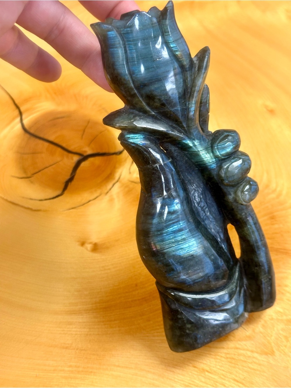 Hand-Carved Blue Labradorite Hand Flower Sculpture